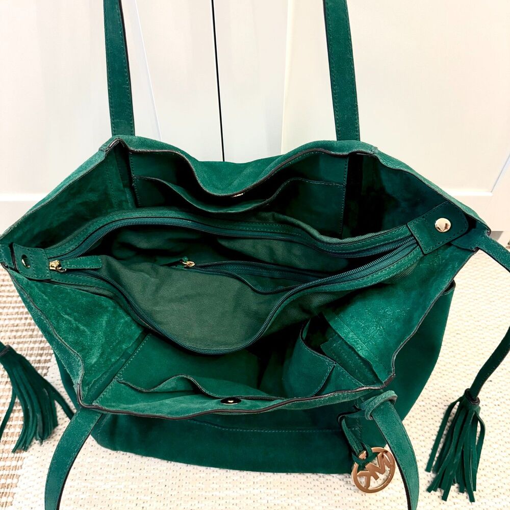 Michael Kors Ashbury Large Suede Grab Bag - Emerald, Gold Accents, Dust Bag - Picture 3 of 12